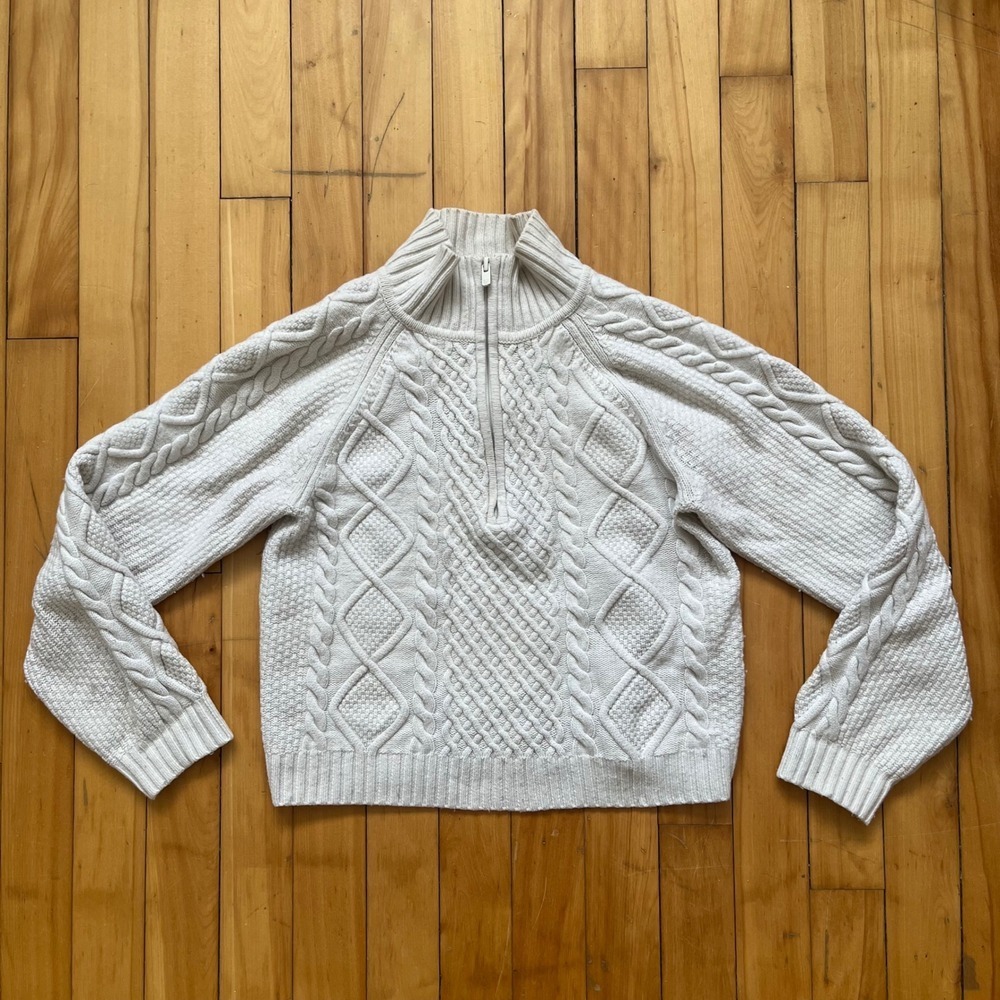 Sunday Best Aritzia Cream Merino Wool Cable Knit Quarter Zip Sweater Small